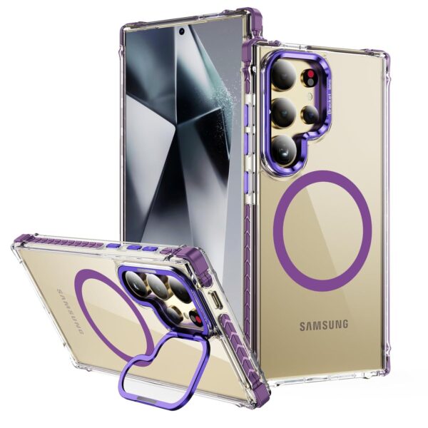 SHILD® Galaxy S23 Ultra Case: Clear Purple, Slim, Mage Safe, Camera Stand, Military-Grade Drop Protection.