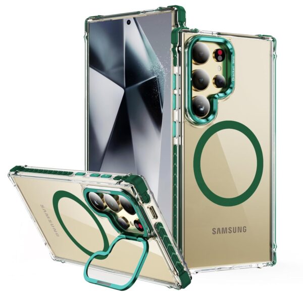 SHILD® Galaxy S23 Ultra Case: Crystal Clear, Green, Mage Safe, Camera Stand, Slim, Military-Grade Drop Protection.