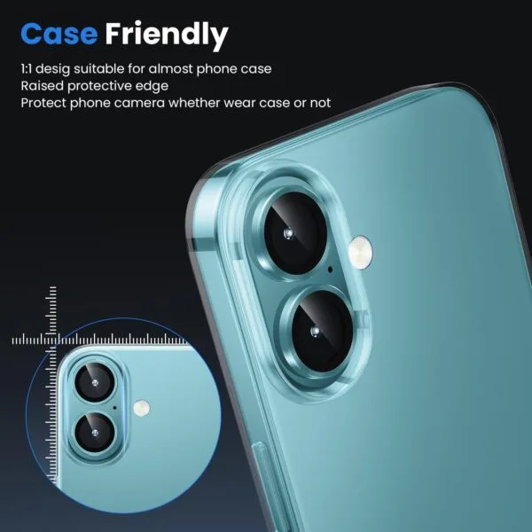 SHILD Camera Lens Protectors for iPhone 16 Plus/iPhone 16 - Ultra-Thin Tempered Glass with Aluminum Edging (Teal, Set of 3) - Image 4