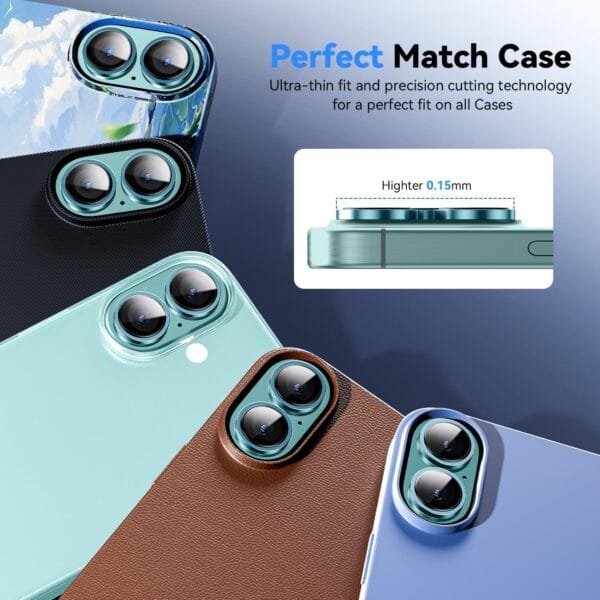 SHILD Camera Lens Protectors for iPhone 16 Plus/iPhone 16 - Ultra-Thin Tempered Glass with Aluminum Edging (Ultramarine, Set of 3) - Image 6