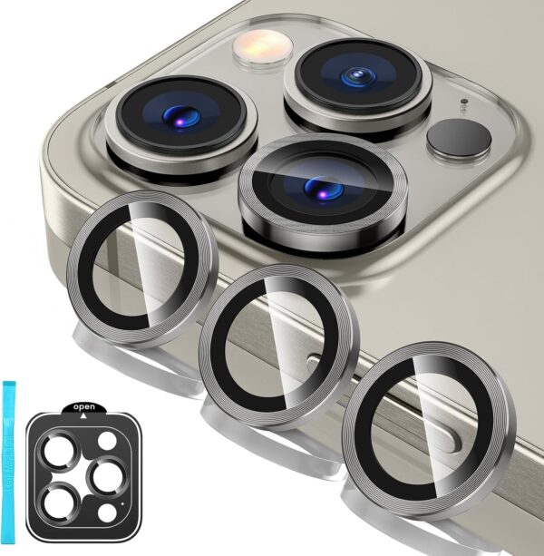 SHILD Camera Lens Protectors for iPhone 16 Pro Max/iPhone 16 Pro - Ultra-Thin Tempered Glass with Aluminum Edging (Natural Titanium, Set of 3)