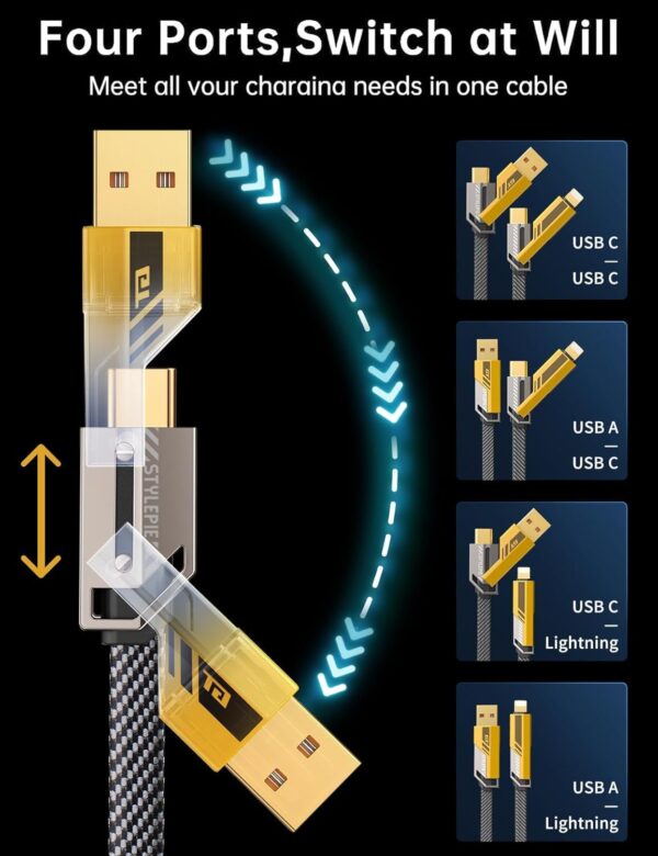 SHILD 4-in-1 USB C Cable 60W 5FT Lightn-ing Cable Fast Charging [480Mbps Data Sync] Flat Nylon Braided Charger Cord Combo with Lightn-ing/USB C/USB A Port for iPhone iPad & Most Devices, Yellow - Image 8