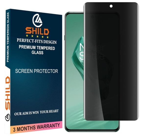 SHILD Privacy Tempered Glass for OnePlus 12 (Pack of 1) - Curved UV Privacy Screen Protector, Full Screen Coverage, Anti-Spy, HD Clarity, 9H Hardness, 100% Fingerprint Sensor Compatible + Free Back Skin