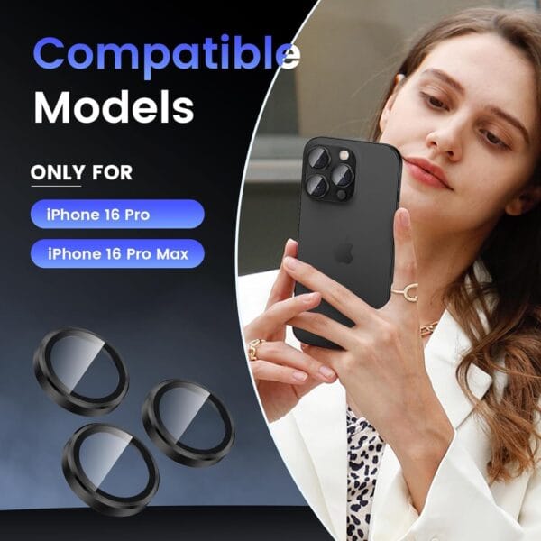 SHILD Camera Lens Protectors for iPhone 16 Pro Max/iPhone 16 Pro - Ultra-Thin Tempered Glass with Aluminum Edging (Black Titanium, Set of 3) - Image 2