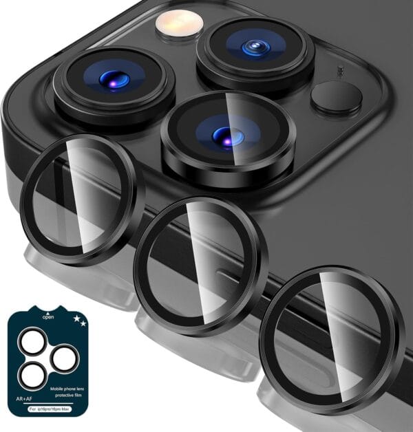 SHILD Camera Lens Protectors for iPhone 16 Pro Max/iPhone 16 Pro - Ultra-Thin Tempered Glass with Aluminum Edging (Black Titanium, Set of 3)
