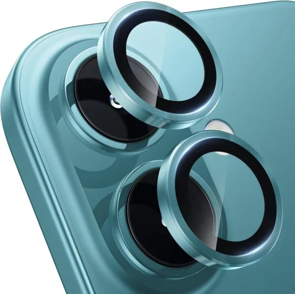 SHILD Camera Lens Protectors for iPhone 16 Plus/iPhone 16 - Ultra-Thin Tempered Glass with Aluminum Edging (Teal, Set of 3)